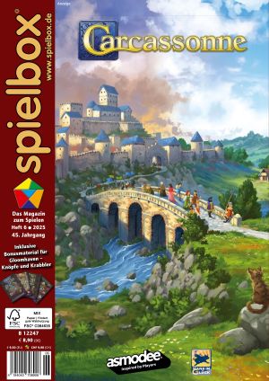 Titel der spielbox 6-2025 mit dem Spiel Carcassonne vom Hans im Glück Verlag